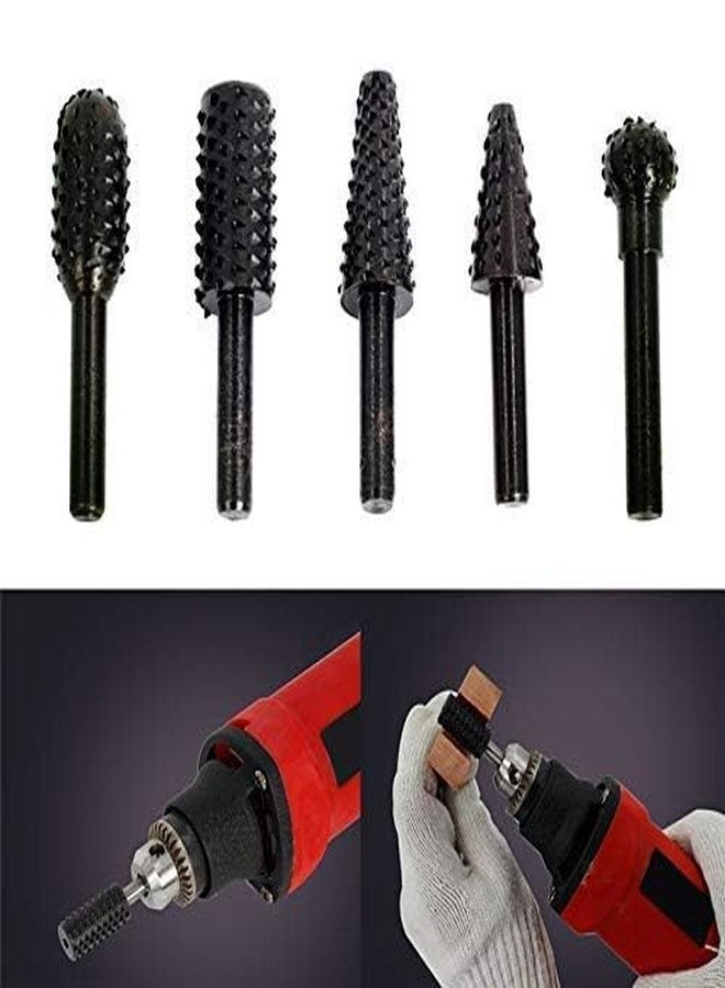 SHB 5Pcs/Set High Speed Steel Burr Drill Bit Set Wood Carving Rasps For Dremel Shank Burs Tools Cutting Tool Black, Round - Image 5